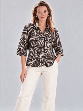 Geometric Mosaic Print Linen Blend Jacket Brown Black Mid Century Modern Size PL